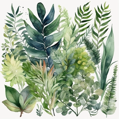 A serene watercolor botanical garden clipart showcasing the tranquility and lushness of nature. The clipart features a verdant garden filled with an abundance of greenery, including lush trees, vibrant bushes, and delicate ferns. The foliage is painted in various shades of green, capturing the depth and richness of the natural environment. The watercolor technique used in this clipart creates a sense of serenity and harmony, with soft brushstrokes and gentle washes that evoke the peaceful atmosp