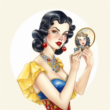Hand drawn 1950’s pin up woman, dressed like Disney's Snow white, holding a gold hand mirror, shades of blue yellow and red, very glamorous with jewelry, half body, very detailed and realistic, watercolor, white background with margins, clipart style