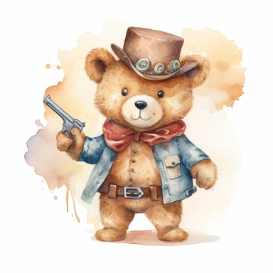 A cute watercolor clipart of a teddy bear dressed in Wild West cowboy attire, with a hat, boots, and a bandana around its neck. The bear has a confident stance and a revolver in its holster