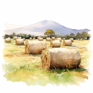 realistic watercolor drawing of a several bale of hay in the middle of a field spread out in distant background in Ireland, on a white background where the background will be removed to repurpose as a clipart.