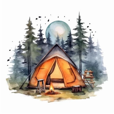 Camping style cute camping tent in the campground at the night with watercolor effect, night landcsape, camping tools, camping chairs and table, forest landscape, suitable for digital clipart, white background, fireflies in the sky