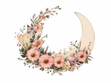 vintage pressed flowers, in a crescent moon shape, for a T-shirt graphic, minimalist, white background with margins, clipart style