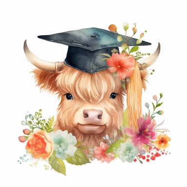 watercolor clipart, cute baby highland cow wearing graduation cap surrounded by wildflowers