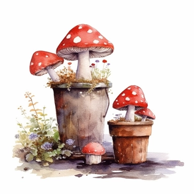 picturesque garden scene, clay pots filled with red cap mushrooms, clipart on white background, watercolor style, autumn vibes, super high detail high quality 16k HD, painted by Beatrix Potter