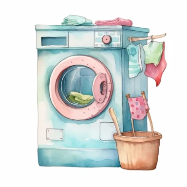 A hyper - realistic detailed watercolor illustration,Whimsical watercolour cute clip art laundry room,isolated on white background with margins, cut - out image