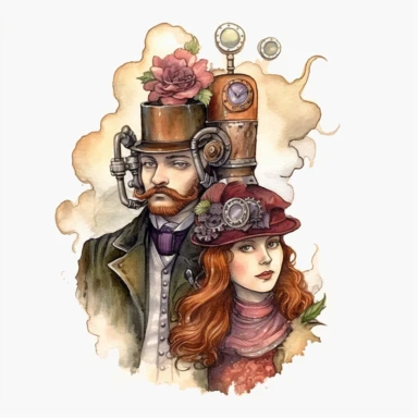 steampunk married couple watercolour, clipart