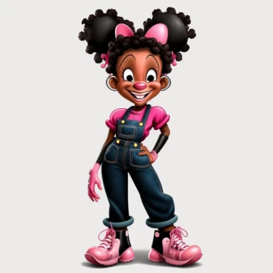 2d, beuatiful vibrant full body smiling african american adult mickey mouse woman clipart, dark brown face, pink ears, pink boots, cartoon realistic