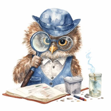 an observant watercolor clipart image with a white background, showcasing a perceptive owl scientist with a magnifying glass, carefully studying specimens and uncovering hidden details.