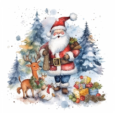 Snowman, santa claus, deer, christmas gnomes, sleigh, gifts, christmas decorations, christmas tree watercolor christmas clipart