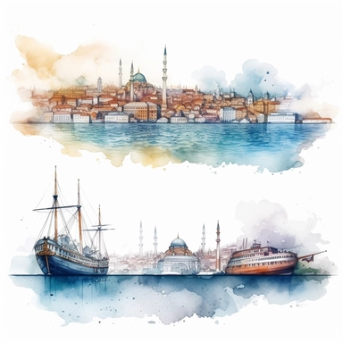watercolor istanbul golden horn panaromic view seeing the both banks and modern time ships , illustrations clipart set, simple, , cartoon elements ,different variants , separate elements with a margin