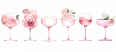 Isolated on a white background, in a feminine style that is populair on Etsy, ten juxtaposed, Wine and cocktail glasses lined up on the floor decorated with baby pink roses, for wedding, high resolution, highly detailed, watercolor clipart illustration, soft pastel color theme, baby pink, 8k UHD isolated image on white background, hyper - realistic high definition