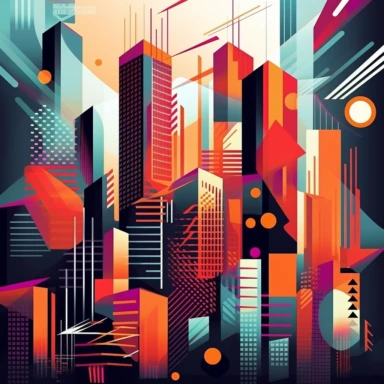 Imagine a vibrant cityscape transformed into abstract shapes and geometric patterns. Create a series of clipart elements inspired by the energy and architecture of this futuristic metropolis. Incorporate bold colors, sharp lines, and intersecting shapes to capture the essence of the city's urban vibe. Experiment with layering and transparency effects to add depth and dimension to your designs. Let your imagination run wild as you explore the intersection of abstract art and geometric precision i