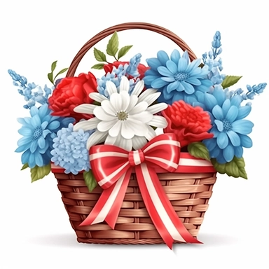 Red and blue and white flower basket clipart, red and blue ribbons, high detailed, realistic detail, illustration style, high solution, isolated on the white background