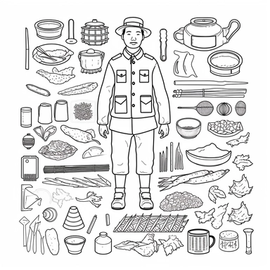 a set of black line clipart inspired by Raiders of the Lost Ark and travel and food and colonialism and David Chang and stolen cultural relics and cooking and grilling and eating and global cuisine and 1980s action figures