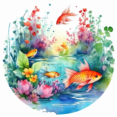 clipart, isolated on white background, Watercolor Spring pond with swimming colorful fish underwater, flowers, ornated, vivid and vibrant and saturated colors