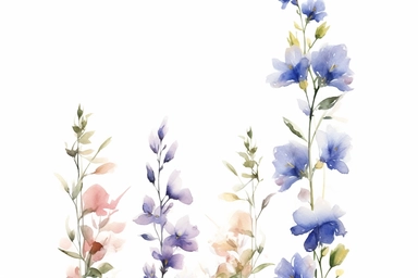 COLLECTION OF enchanted BLUE BELL FLOWERS AND LAVENDER FLOWERS flowers SET ON A ROW, GREEN LEAVES COVER IN BETWEEN, WATERCOLOR HAND PAINTED clipart, WATERCOLOR AIRY PASTEL COLORS, VISIBLE WATERCOLOR BRUSH TOUCHES, DREAMY AND ELEGANT, COLORFUL DREAMY FLOWERS, white background, WATERCOLOR 8k,