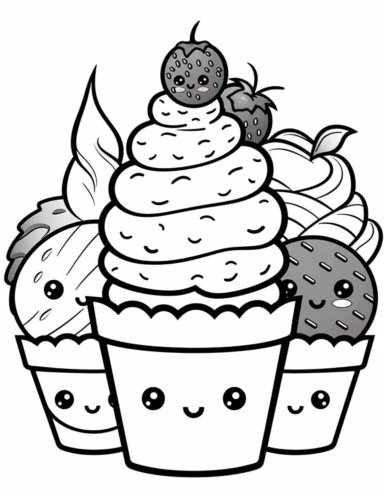 Kawaii Cake Icecream with delightful designs and flavors, like blueberry, chocolate chip, and banana For Simple Coloring page,line art, thick lines, black and white,clipart, illustration, on white background,margin Page 10px