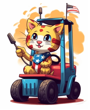 Showcasing a cartoon cheetah as a forklift operator, with the design featuring a patriotic twist and incorporating elements inspired by the United States flag. The overall design can appear polished and poignant, with the cheetah proudly operating the forklift, that can be used as a sticker, colorful, highly detailed, with a white background, in the style of Pixar clipart, and no cut off edges.
