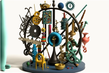 a sculpture of a candlestick, kangaroo, guitar, jaguar, yo-yo, pogo stick, baseball, cobra, wheel, bicycle, stethoscope, microscope, firecracker, iguana, trampoline, ping-pong paddle, cactus, dragonfly, ferris wheel, python, octopus, snail, horseshoe, boomerang, flamingo, snowflake, ladybug, pencil, credit card, camera, glass, stapler, remote control, key, book, envelope, toothbrush, ladder, compass, calculator, scissors, alarm clock, paper clip, ruler, pencil case, eraser, briefcase, water bott