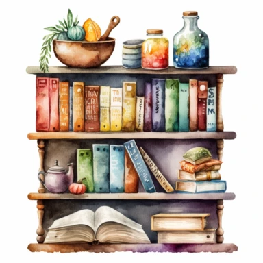 beautiful Watercolor clipart of a rustic book shelf filled with cook books and home items on isolated white background, insane detail
