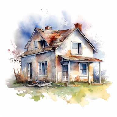 watercolour small broken and abandoned house, clipart on white background, no watermark, highly detailed, professional color gradation, clean sharpness
