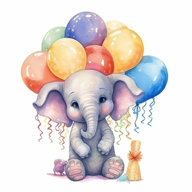small and cute baby elephant holding colorful one party balloons with his trunk Clipart, highly detailed, watercolor, white background 8k, bright colours, one object at picture