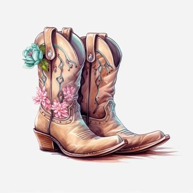 White background, Cowboy boots, clipart, Cowboy hat on shoes, pastel