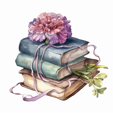watercolor clipart of beautiful pastel old pile of books wrapped wiith cords and carnation purple flowers ornament, vintage style