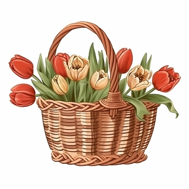 vintage basket of tulips sublimation clipart, vector, illustration, 2d, flat colors, isolated background