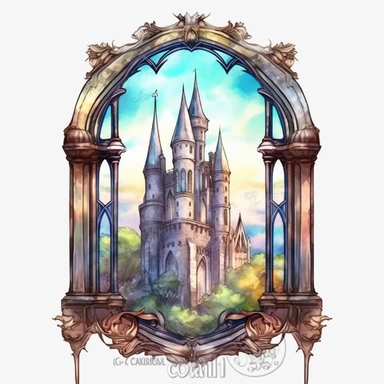 Fantasy Castle Window Watercolor Clipart, Window clipart, Fantasy clipart, hand draw Illustration clipart, 4K, extremely detailed