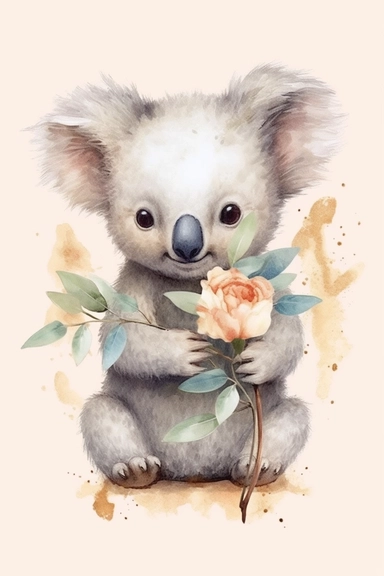 Create a watercolor clipart picture of an adorable koala holding a flower, white background. The koala should have a cute and happy expression, with its fur depicted in soft watercolor textures. The flower should be a delicate and beautiful. Surround the koala with small flowers and greenery, adding a whimsical touch to the scene.