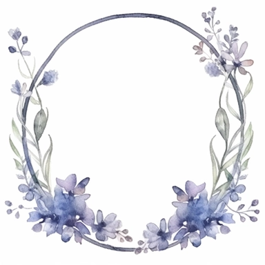 watercolor clipart of a empty suttle dainty floral oval frame surrounded by dusty blue color flowers. Capture the essence of blooming beauty and intricate details in your artwork, white background