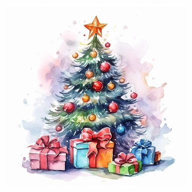 watercolor christmas tree with presents under clipart high resolution