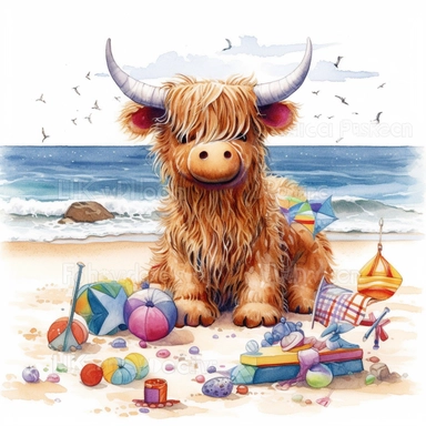 Baby Highland Cow play in the beach with beach toys, highly detailed, cartoon, watercolor, clipart, illustration, white background, digital painting, paper crafting, no signature, no text