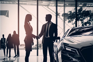 stock clipart, profiles of business people in front of car dealership, shaking hands, octane rendering, high detail, detail, sharp focus, noise reduction, vfx, post processing, 8k, no blur,