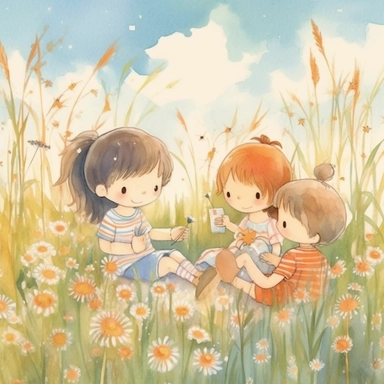Kids nursery clip art in soft pastel colors depicting a playful scene of children at a picnic, surrounded by blooming flowers and tall grass, with a gentle breeze rustling their hair and the sun casting a warm glow on their faces, Artwork, watercolor painting on textured paper,