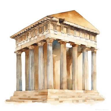 A captivating watercolor clipart illustration showcasing a Greek Doric temple, a symbol of classical architecture and timeless beauty. This clipart artwork captures the grandeur and simplicity of a Doric temple with its distinct features. The temple is depicted with sturdy and imposing Doric columns, characterized by their fluted shafts and simple capitals. The watercolor medium adds a soft and dreamy quality to the illustration, with delicate washes of color and subtle variations that bring out