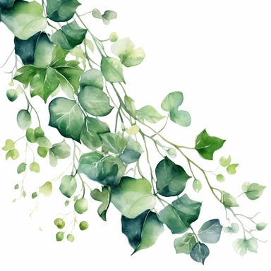 Watercolor clipart with lush green leaves and vines, white background, Watercolor Clipart.