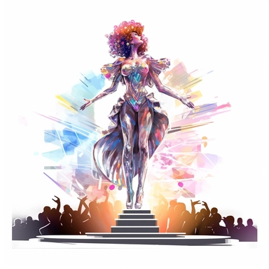 man in drag queen style, performing dance, on stage, in hall, no audience in the stands, spotlights on character, cyberpunk themed, svg vector, Augmented Reality, ynthwave futuristic, high-tech art nouveau art style, clipart, Cyberspace white background no text, ultra realistic, isolated on white, ghibli style, watercolor illustration, award winning