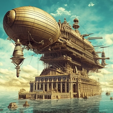 steampunk airship flying above atlantis, vintage, clipart