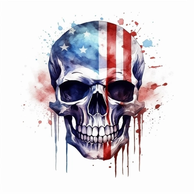 american flag slashed skull, in the style of illusory wallpaper portraits, watercolor, 2d game art, quadratura, poster art, clipart, on white background