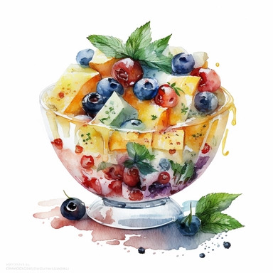 Watercolor of summer fruit salad, clipart, white background