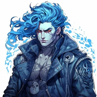 Disney Hades from hercules, blue skin, greek look, blue flame hairstyle,blue leather jacket over a ripped grey shirt, skulls, gothic style, rock style, clipart, white background, by Kawacy