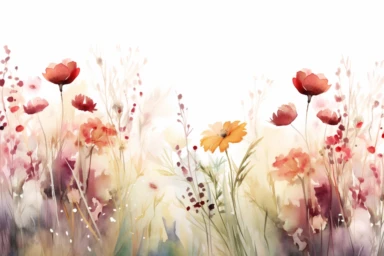 enchanted MAROON AND DUSTY YELLOW flower FIELD WATERCOLOR HAND PAINTED clipart, GREEN WILD LEAVES BETTWEEN FLOWERS AND IN THE BACK, WATERCOLOR AIRY PASTEL COLORS, VISIBLE WATERCOLOR BRUSH TOUCHES, DREAMY AND ELEGANT, COLORFUL DREAMY FLOWERS, white background, WATERCOLOR 8k,