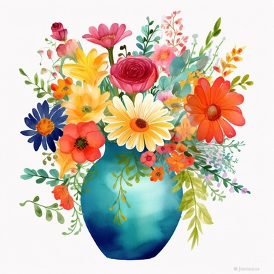 a clipart of watercolor vase of flowers, in the style of A variety of vibrant colors, flat yet expressive, pastoral charm, naturecore, embroidery, white background, png, vector