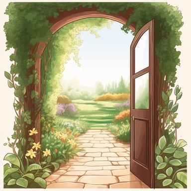 simple open door leading to beautiful garden clipart