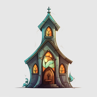 a little cartoon church, pixar, clipart, stained glass windows, cross on top, blank background, sharp lines, 8k