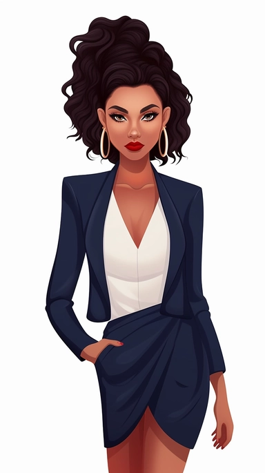 full-body perspective 2d lined clipart of a pretty woman wearing a navy skirt suit and matching shoes, business-like attire, white background,