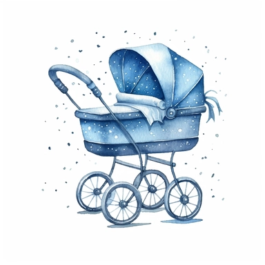 clipart kawaii blue baby carriage, watercolor, simple, white background