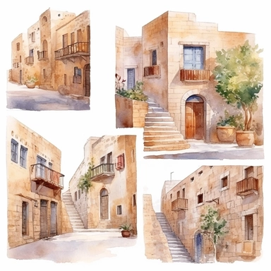 watercolor mardin town in turkiye, illustrations clipart set, simple, , cartoon elements ,different variants , historic stone houses,historic buildings, cobblestone lanes, tone facades of the buildings, Mardin's stone Alleyways separate elements with a margin